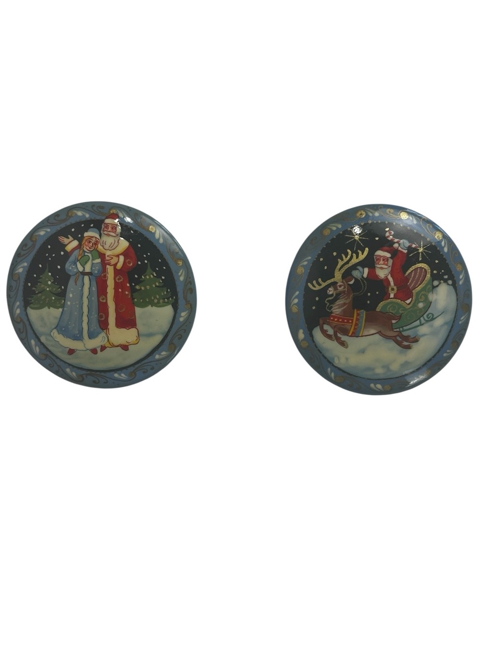 Handmade Russian Folk Art Santa & Reindeer Christmas Brooch Pin Set VTG Holiday
